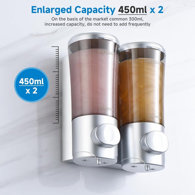 DOLPLEAP Shampoo Conditioner Body Wash Dispenser No Drill Shower Soap Dispenser Wall Mounted Shampoo Dispenser 2 Chamber with Upgrade Pump Head Bathroom Soap Dispenser 450ml/Each Sliver - Image 4